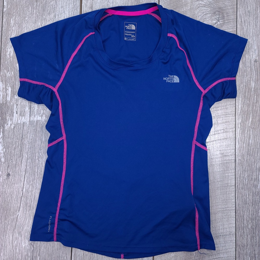 The North Face FlashDry Shirt Womens M Blue Pink Short Sleeve Activewear Top